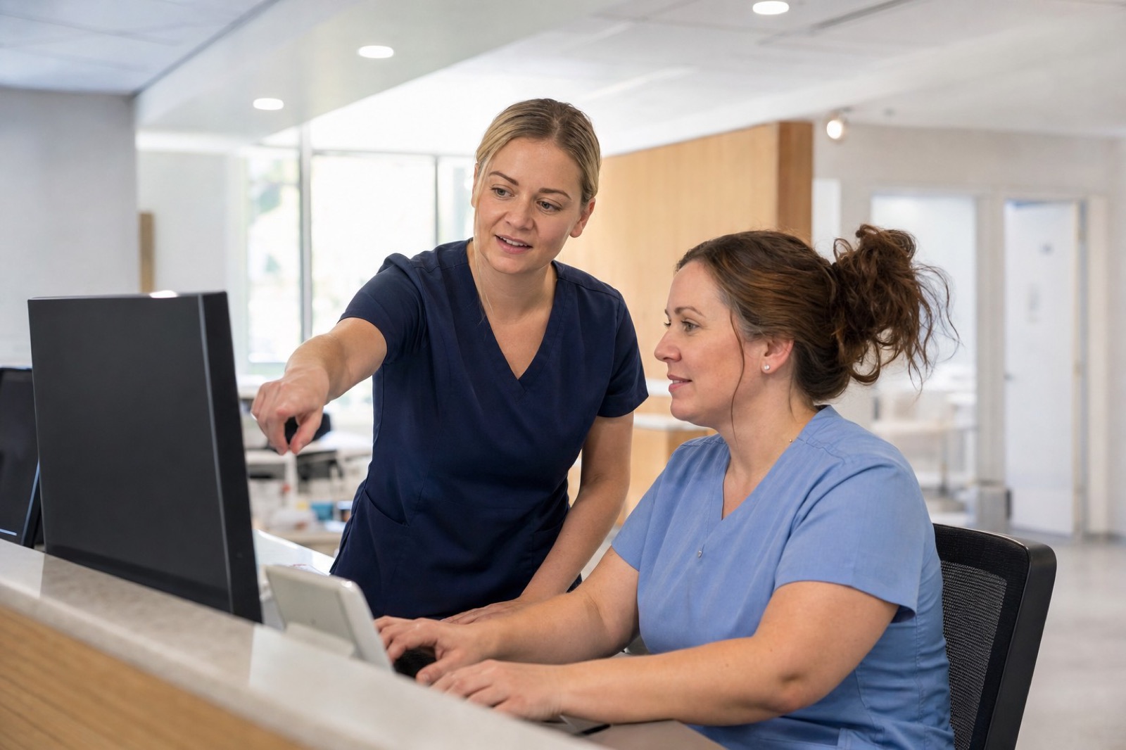 Two staff members reviewing coverage on a screen at a ward station